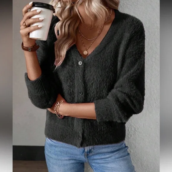 Women's Fuzzy Watermelon Pink Cardigan Sweater